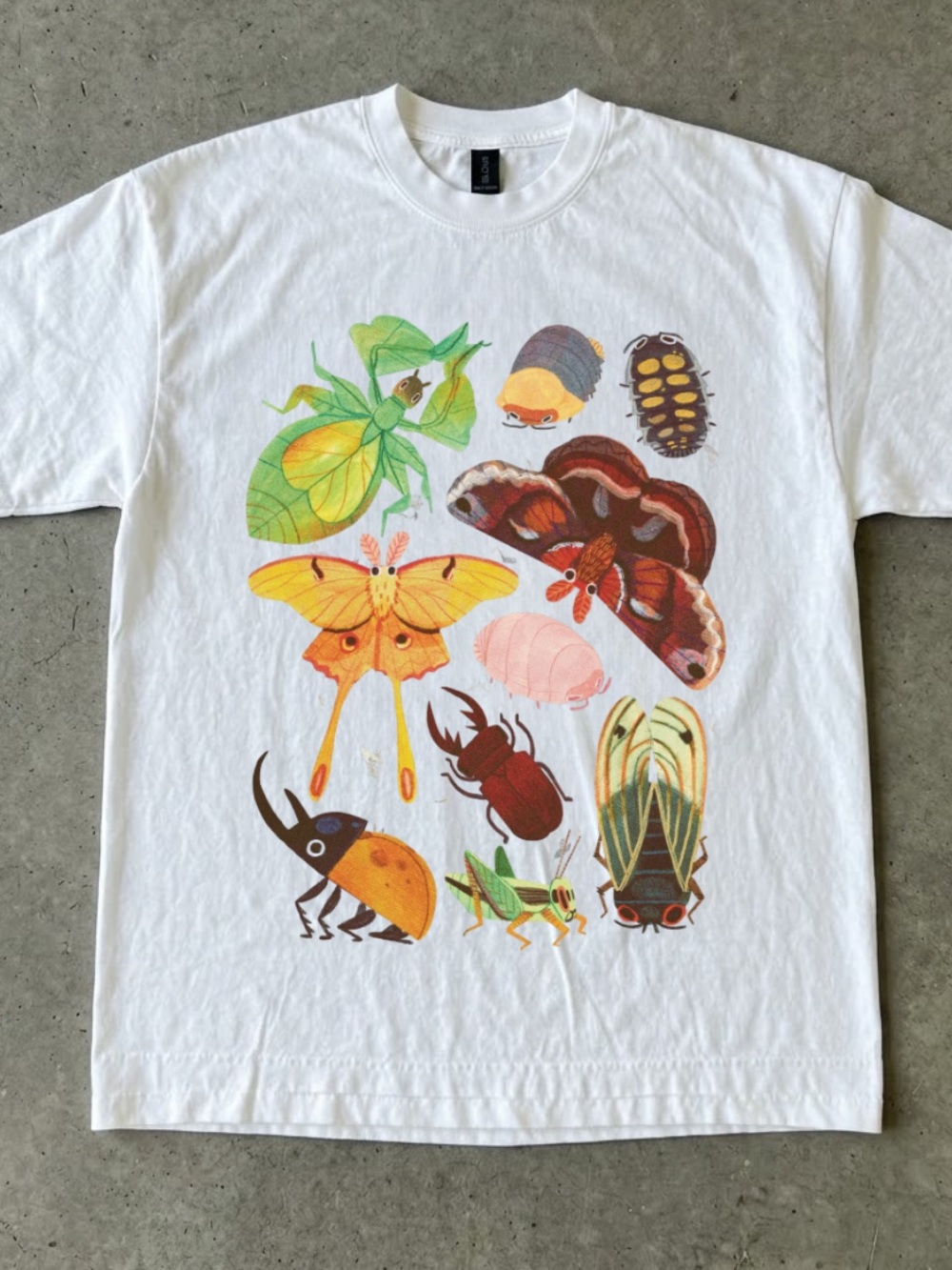 Gildan White Tee with Colorful Insect Graphic